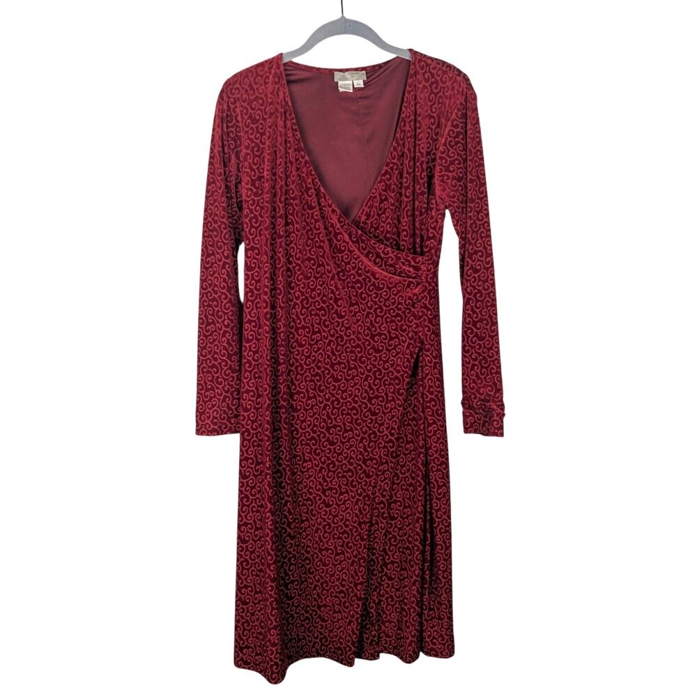 Vintage Burgundy Red Swirl Velvet Wrap Dress Small Petite Dark Romance Valentine
